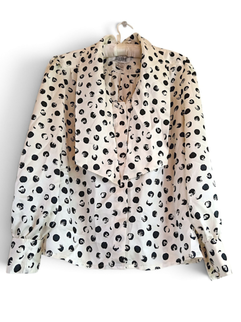 80s Josephine Polka Dot Blouse satin White Black tie neck vintage secretary MED